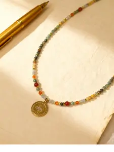Boho Gemstone Beaded Necklace with Gold Medallion Multicolor Beads Elegant Design for Women Perfect for Casual & Formal Looks