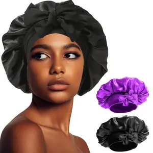Women Satin Silk Bonnet - Bonnets for Black Women Medium Satin Bonnets for Braids Sleeping - Black Women Satin Silk Bonnet with Stretchy Tie Band (Black & Purple)