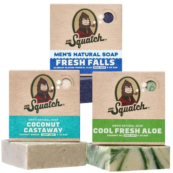 Dr. Squatch Natural Men’s Bar Soap - Cold Process Body Soap Bar with Natural Oils - Gifts for Men - Coconut Castaway, Fresh Falls & Cool Fresh Aloe (5 oz, 3-Pack)