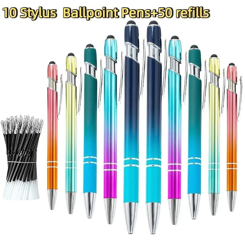 10 Set Multicolor Stylus Beadable Pen 50 Pen Refills 10 Ballpoint Pens Retractable Plastic Bling Pens Cool Shaft Beaded Pen Black Ink For Christmas Gifts