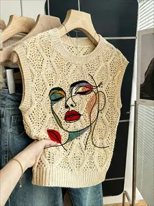 Women's Boho Abstract Face Print Knit Vest, Round Neck Sleeveless Sweater, Casual Breathable Colorblock Top for Spring Summer Fall