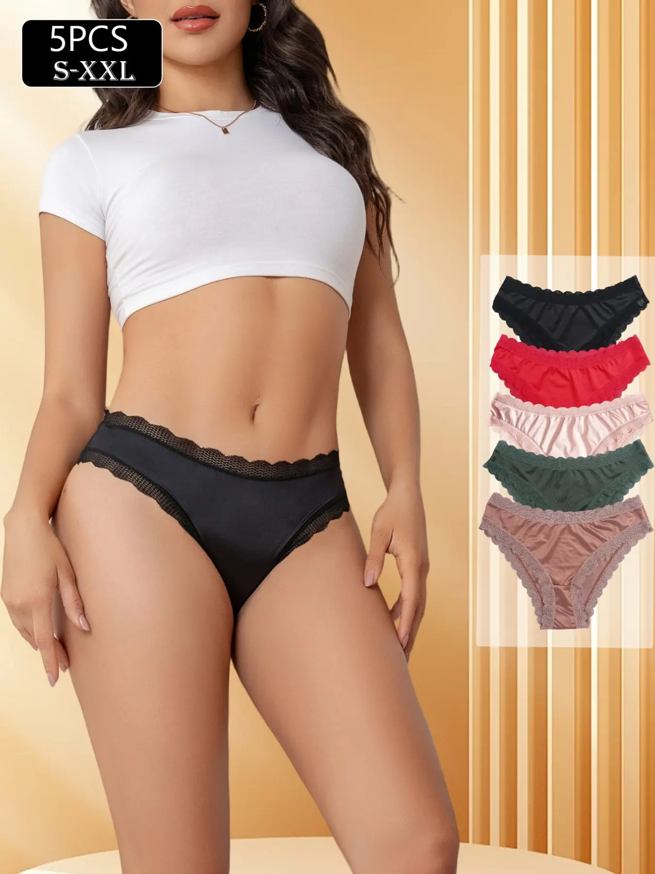 5-Pack Barely There Seamless Underwear, Satin Lace Triangle Panties, Breathable No-Trace, Plus Size S-Xxl, Daily Commute Comfort