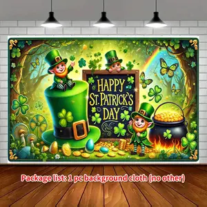 1PC,2D Flat St. Patrick's Day Backdrop, Clover Elf & Gold Coin Themed Party Decoration Cloth, Irish Festival Celebration Photo Background Curtain, Indoor & Outdoor Event Scene Layout Wall Hangin