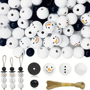 Snowman Design Wooden Bead, 51pcs/set Including DIY Beads and Hemp Rope, Hanging Ornament for Home Party Festival, Christmas Decoration, Ornaments Decor