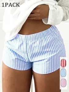 Cute Striped Sleep Shorts: Soft, Comfy & Stylish! Elastic Waist + Back Pockets, 3 Color Options (Pink/Red/Blue) – Perfect for Lazy Days or Loungewear, Striped Print Bottoms. #SleepShorts #LoungewearVibes #TikTokFashion #CutePajamas #ComfyClothes
