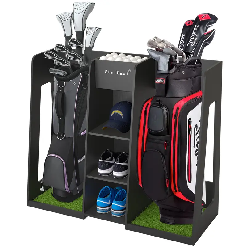 Golf Bag Organizer Storage Rack Stand Holder Fits 2 Extra Large Golf Club Bags and Multiple Golfing Equipment Accessories Great Gifts for Any Skill Level Golfer in Garage Shed Basement Indoor Outdoor