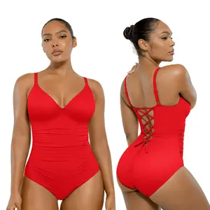 Shapellx Women's Back Drawstring One-piece Swimsuit V-neck Elastic Triangle-Cut Bottom Customizable Shoulder Band Removable Chest Pads Swimwear Shapellx Women's Back Drawstring One-piece Swimsuit V-neck Elastic Triangle-Cut Bottom Customizable Shoulder Band Removable Chest Pads Swimwear