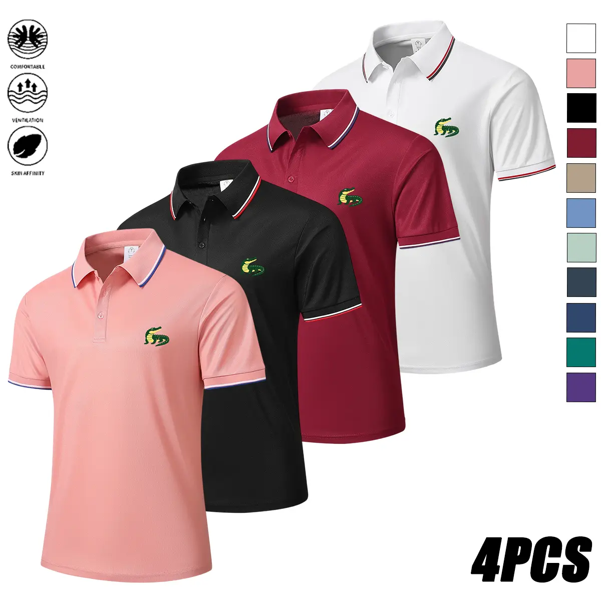 Men's Polo Shirts, 4-Pack Solid Fitted Short-Sleeve Tops with Cuffed Sleeves for Casual Golf & Travel