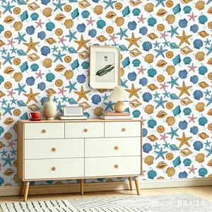 Seamless Wall Stickers, Colorful Starfish & Shell Print, Durable PVC Decorative Wallpaper, Scratch-Resistant, Moldproof, Home & Commercial Use