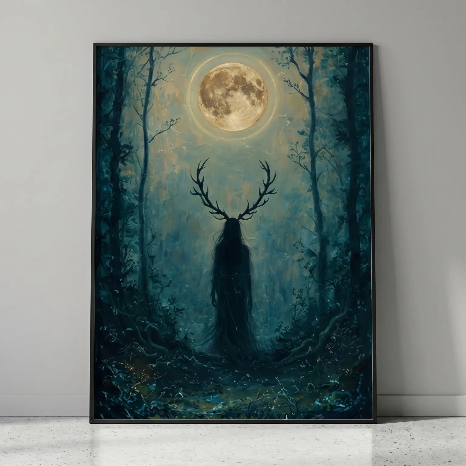 Gothic Wendigo Poster Forest Witch Antler Horns Wall Art Print, Dark Academia Room Decor Mystical Moon Creature Painting, Spooky Occult Mythology Fine Art, Unframed Poster Print for Living Room