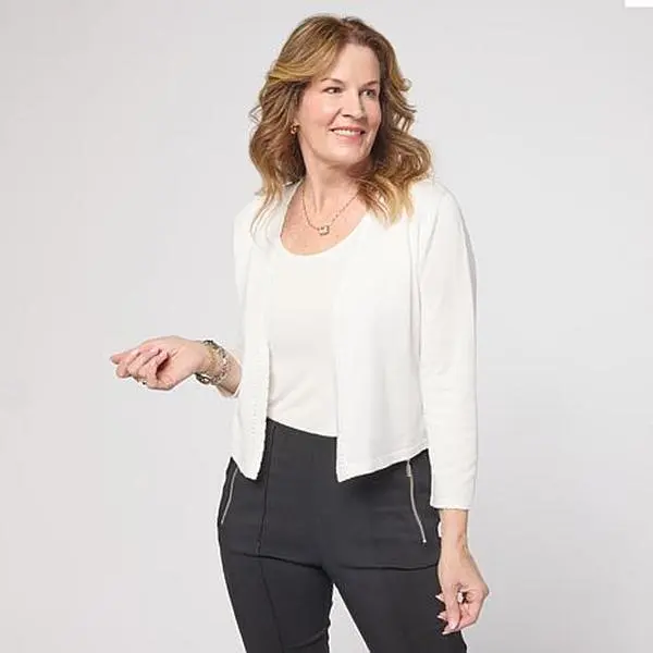 Nina Leonard 3/4-Sleeve Scallop Hem Knit Bolero Top
