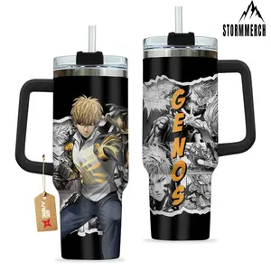 STORMMECH 40oz Genos One Punch Man Insulated Portable Beverage Flask - Double-Wall Vacuum Stainless Steel, Manga Design, Washable Leakproof Straw Lid with Black Cap & Handle, 12H Hot/24H Cold Retention, Gift Drinkware, Flasks