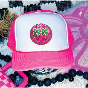 Shamrock Face Faux Sequin Neon Pink & White Trucker Hat