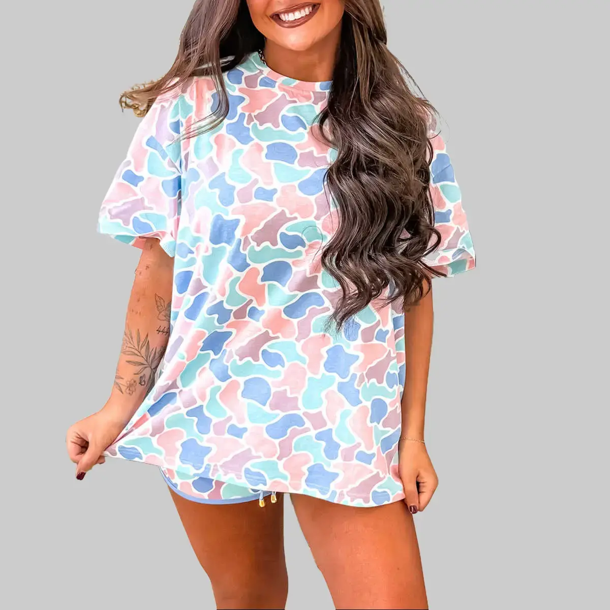Women's Casual Camouflage Print T-Shirts, Soft Polyester Elastane Tunic with a Classic Crew Neck and Relaxed Shortsleeve Fit,back to school,back to school shopping