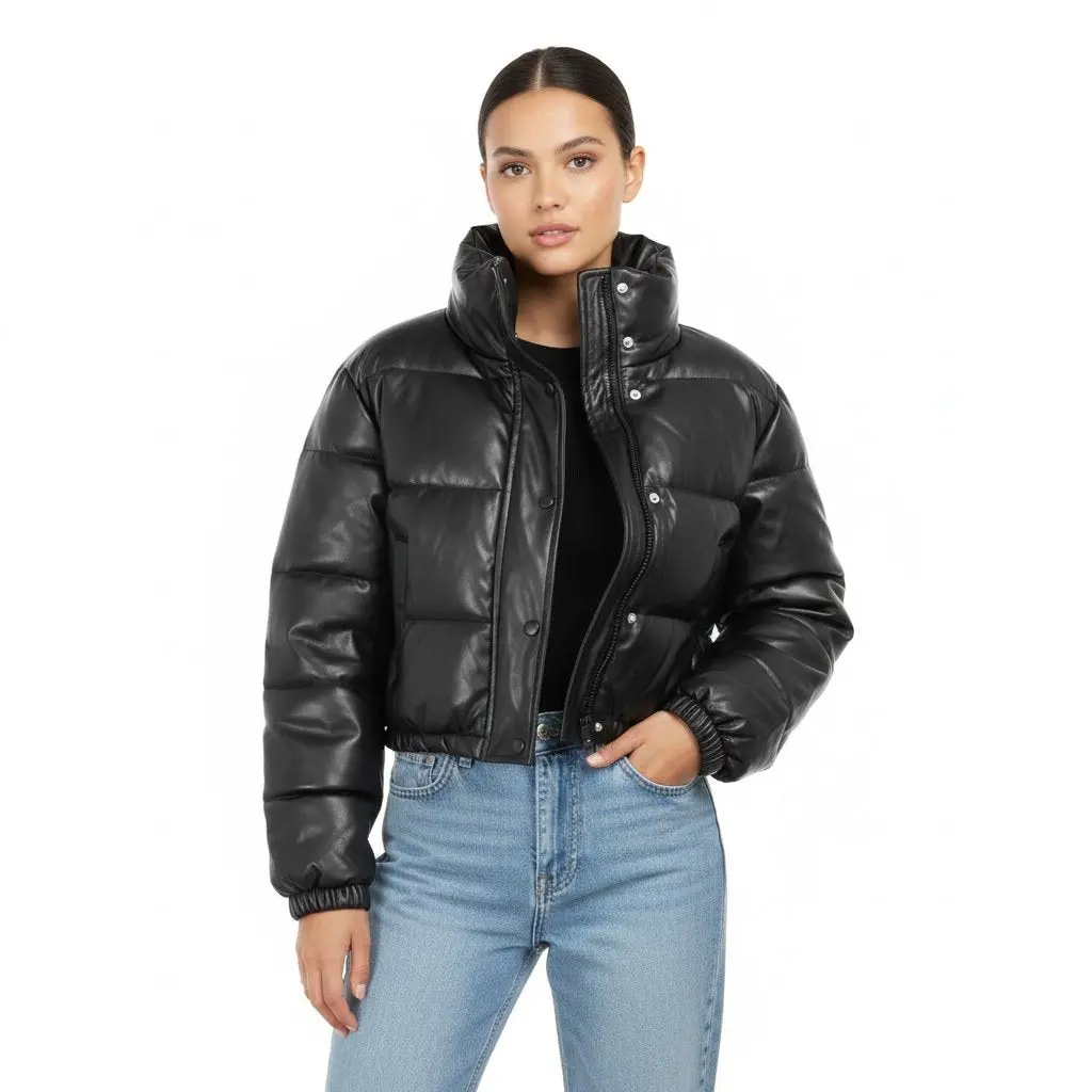 High Level Women's Cropped Turtleneck Puffer Jacket, Faux Leather Winter Tops with Polyester Padding and Pockets, Coats, Casual, Long Sleeve, Shell, Soft, Basic, Elastic
