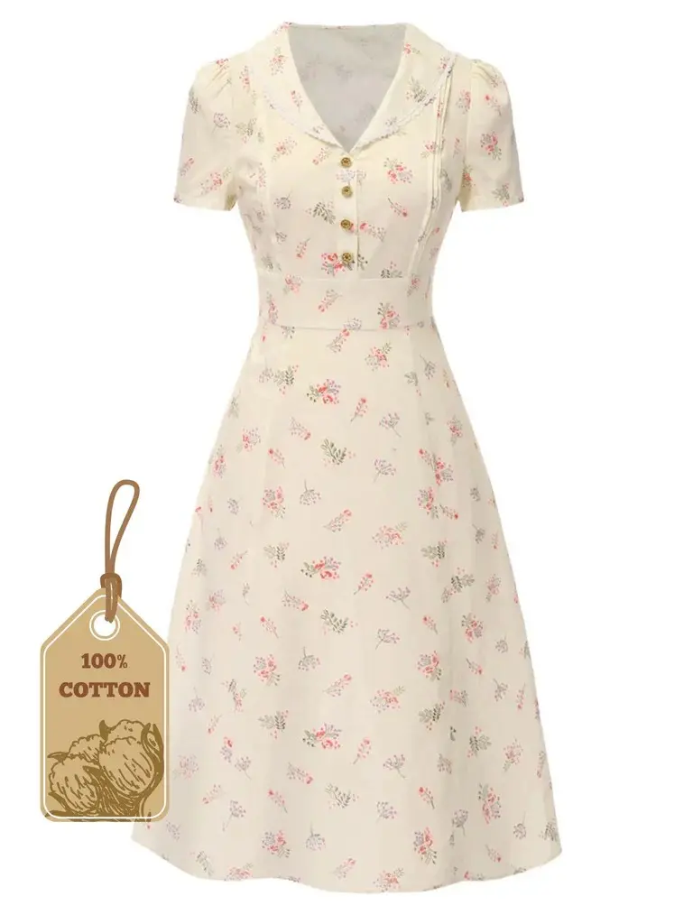 PURE COTTON BEIGE 1940S PUFF SLEEVES FLORAL DRESS vacation outfits Casual Womenswear Cute Summer Fitted Vneck Shortsleeve Boho Rufflesummer dresses vacation outfits