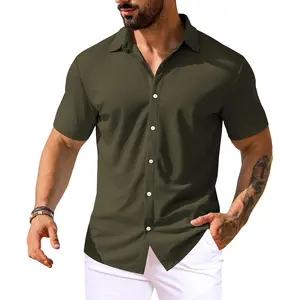 Men's Muscle Dress Shirts Short Sleeve Stretch Casual Button Down Shirts Wrinkle Free Slim Fit Dress Shirt for Men