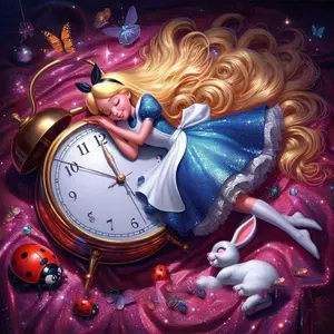 5D DIY Full Drill Round Diamond Painting - Diamond Art Kit Alice, Clock, Rabbit Mosaic, Canvas - DIY Decorative Painting, Diamond Art Tools, Home Wall Decor, Perfect for Halloween and Christmas, Independence Day, Birthdays and Anniversary Gifts