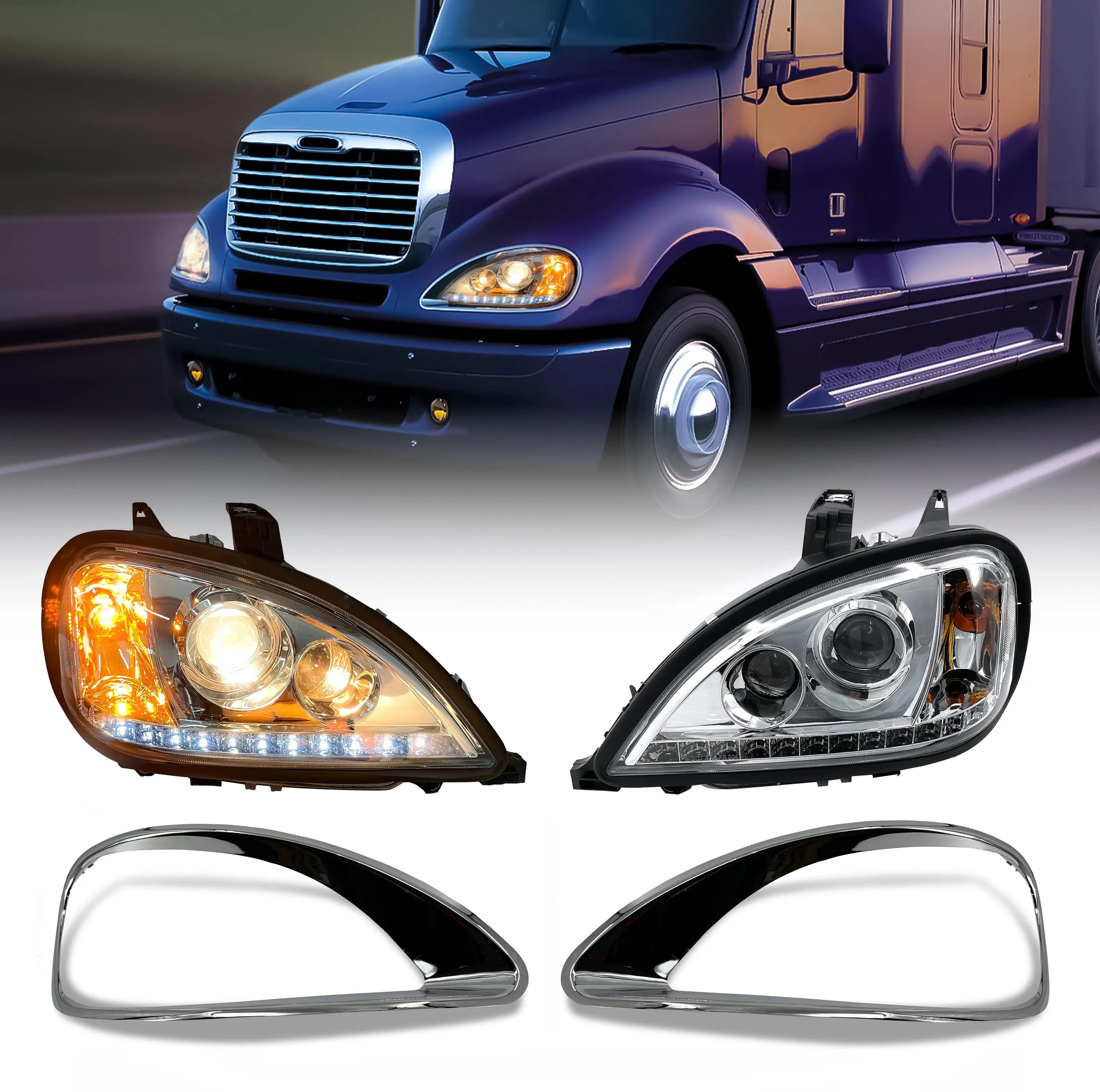 Torque PAIR LED Stripe Headlight & Chrome Bezel Trim Set Replacement for 2001-2017 Freightliner Columbia Semi Trucks, DOT SAE Approved, Driver & Passenger Side, Includes All LED Headlamps Bulbs (TR027, TR592), Chrome Trim & Accessories