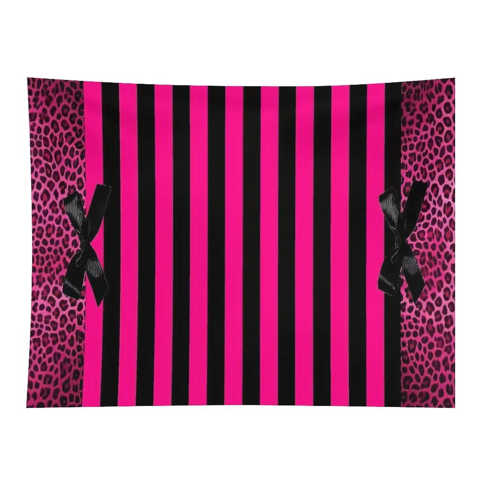 Hot Pink Black Vertical Stripe Leopard Print Side Panel Black Satin Bow Y2K Bold Girly Wild Animal Print Wall Tapestry For Teen Room Party Background Decor