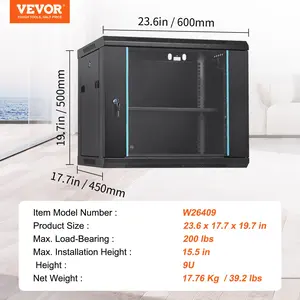 VEVOR 9U Wall-Mounted Server Network Cabinet, 15.5'' Depth, Secure Rack Enclosure, Supports up to 200 lbs, Features Lockable Glass Door and Side Panels, Ideal for IT and A/V Gear