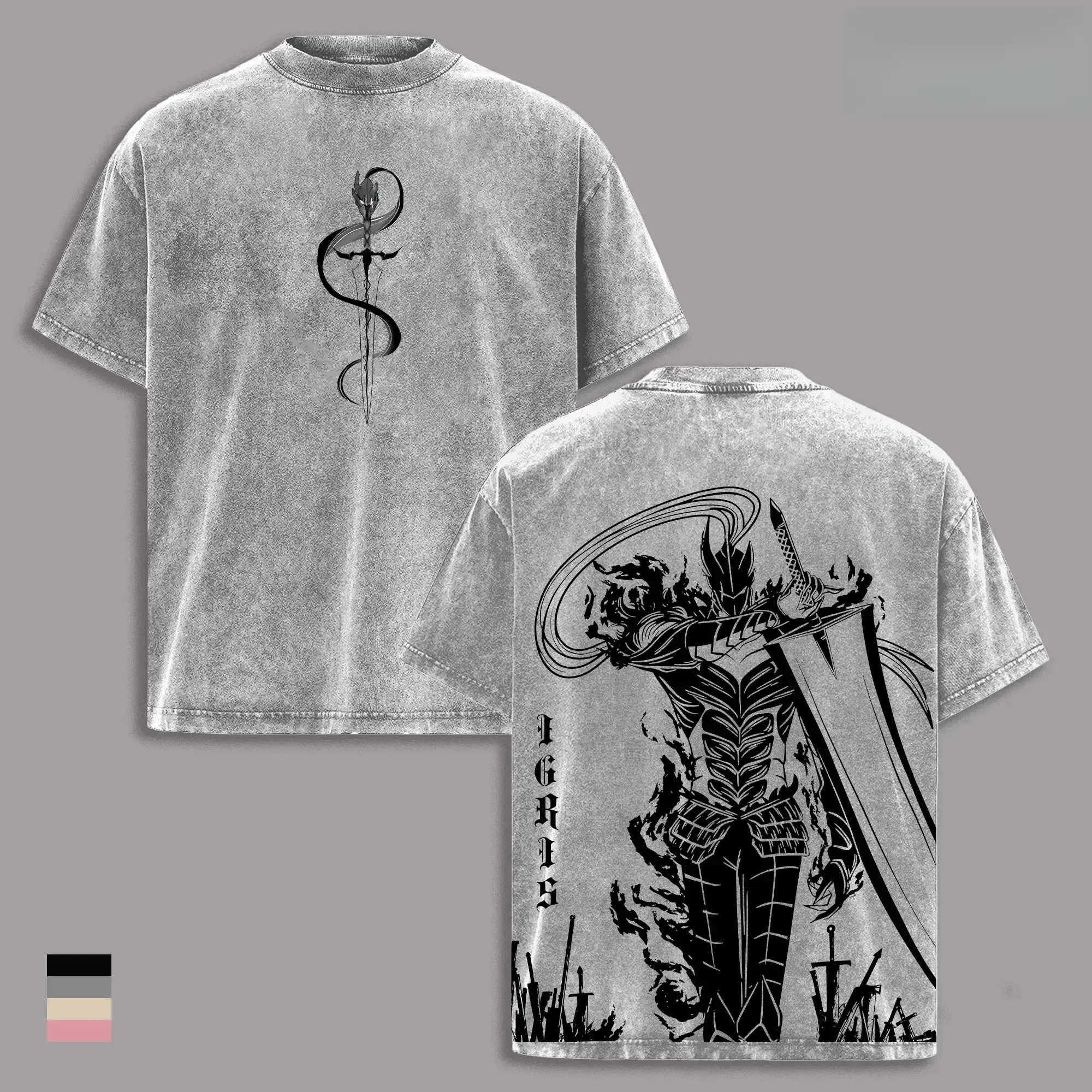 Men's Graphic T-Shirt, Igris Solo Leveling Distressed Print, Oversized Heavyweight 230gsm Cotton Streetwear, Short Sleeve Apparel, Tshirt, Shortsleeve, Menswear, Seamless, Classic, Stylish, Casual, Fabric, Ribbed
