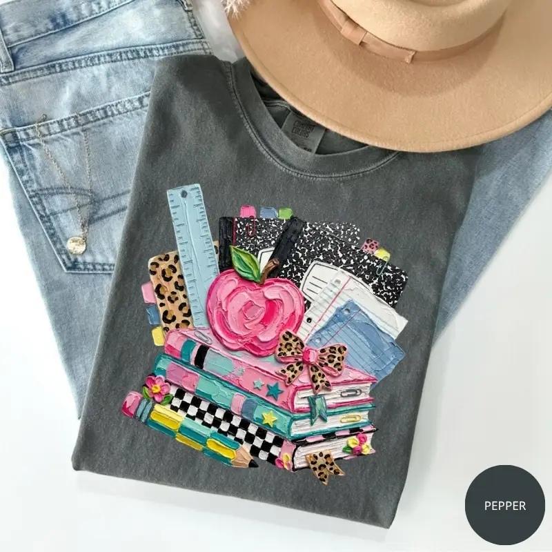 Comfort Colors Retro School T-Shirt, Cute Teacher Book Stack Shirt, Back to School Crewneck, Apple Books Graphic Sweatshirt, Classroom Teacher Gift, Elementary Educator Apparel, Coquette School Style