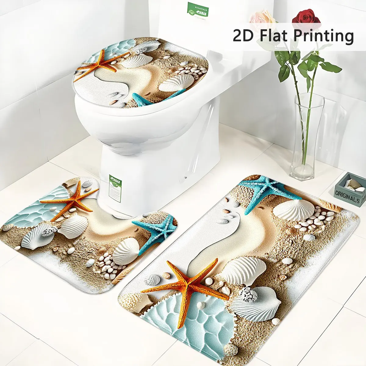 3pc Oil Painting Beach Starfish Seashell Bathroom Mat Set, Absorbent Bath Mats Non-Slip Bathroom Rug Sets for Washroom Toilet Entryway, Soft Skin-Friendly & Easy Clean, Coastal Ocean Home Decor Gift