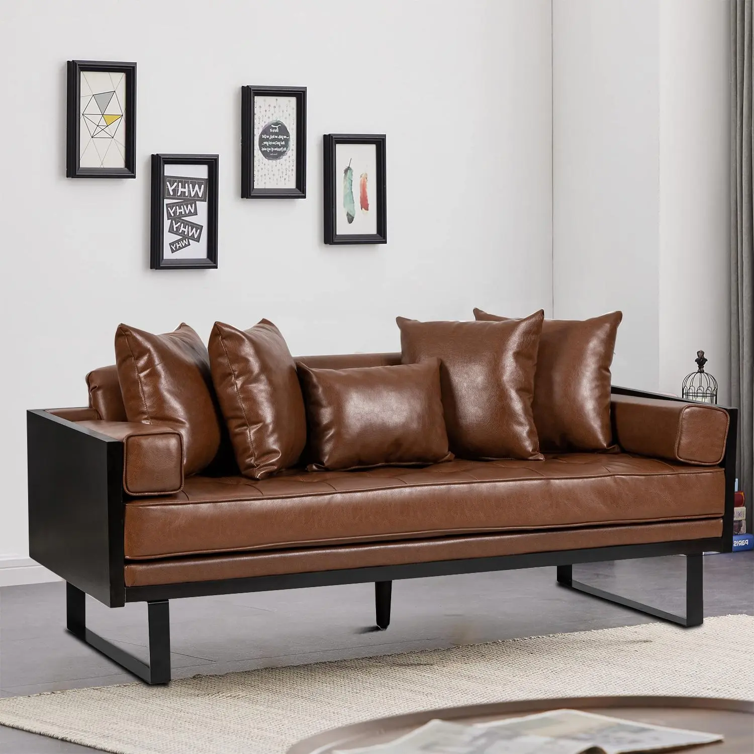 Vintage Stylish PU Upholstered Sofa with Seven Pillows