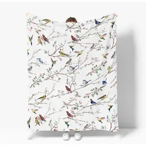 Spring Summer Flannel Blanket Throw, Birds Branch White Floral Soft Fuzzy Plush Cozy Flannel Blankets for Couch Sofa Bed Lounging, Ideal Gifts for Kids Adults Self