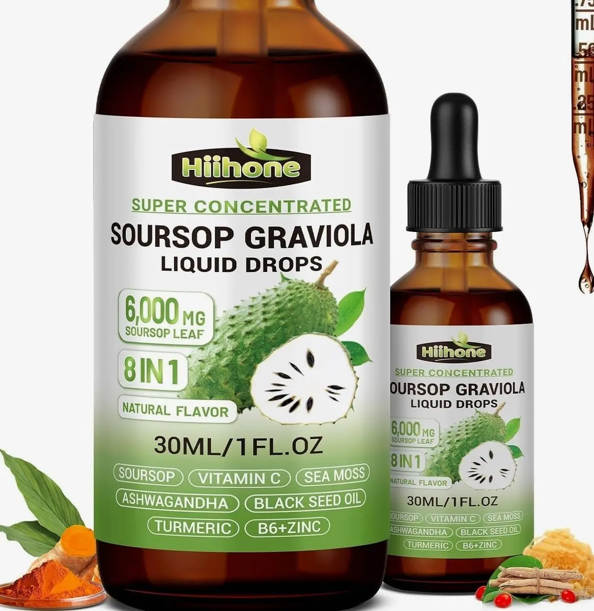(2 Pack) 8 in 1 Graviola Soursop Leaf Extract Liquid - Soursop Bitters Liquid with Sea Moss, Ashwagandha and Turmeric, for Immune & Liver, Zzz & Antioxidant & Cell Support,1 Fl Oz