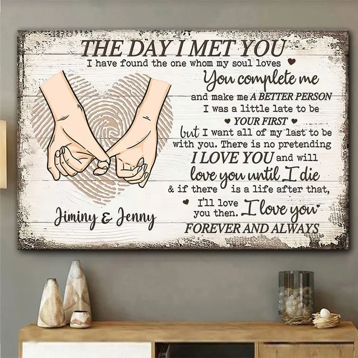 The Day I Met You Custom Couple Wall Art, Personalized Anniversary & Valentine Gift for Couples, Romantic Love Quote Print for Him and Her