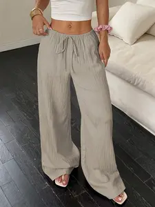 Women's Elegant Breathable Elastic Waist Pants with Pockets, Plain Straight Leg Loose Fit Casual Long Trousers for All Seasons Bottom