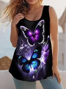 Women's Plus Size Sleeveless Vest Top, Casual Summer Elegant Chic Fashion, Front Ruched Butterfly Print Design, Round Neckline, Comfortable Fit