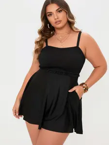 Plus Size Swimsuit with Pockets 1XL-4XL | Black Smocked Skirted One Piece Tummy Control Spring Break 2026 Casual Womenswear Dress Summer Basic Sleeveless