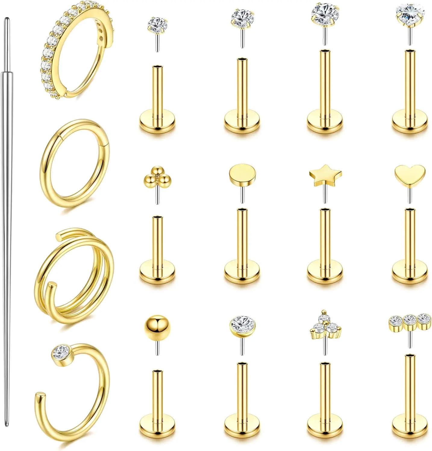 Hypoallergenic 14K Gold Plated Nose Rings & Flat Back Earrings, 20G/18G Surgical Steel Threadless CZ Nose Studs for Helix, Tragus, Cartilage, Nostril & Lip Piercings