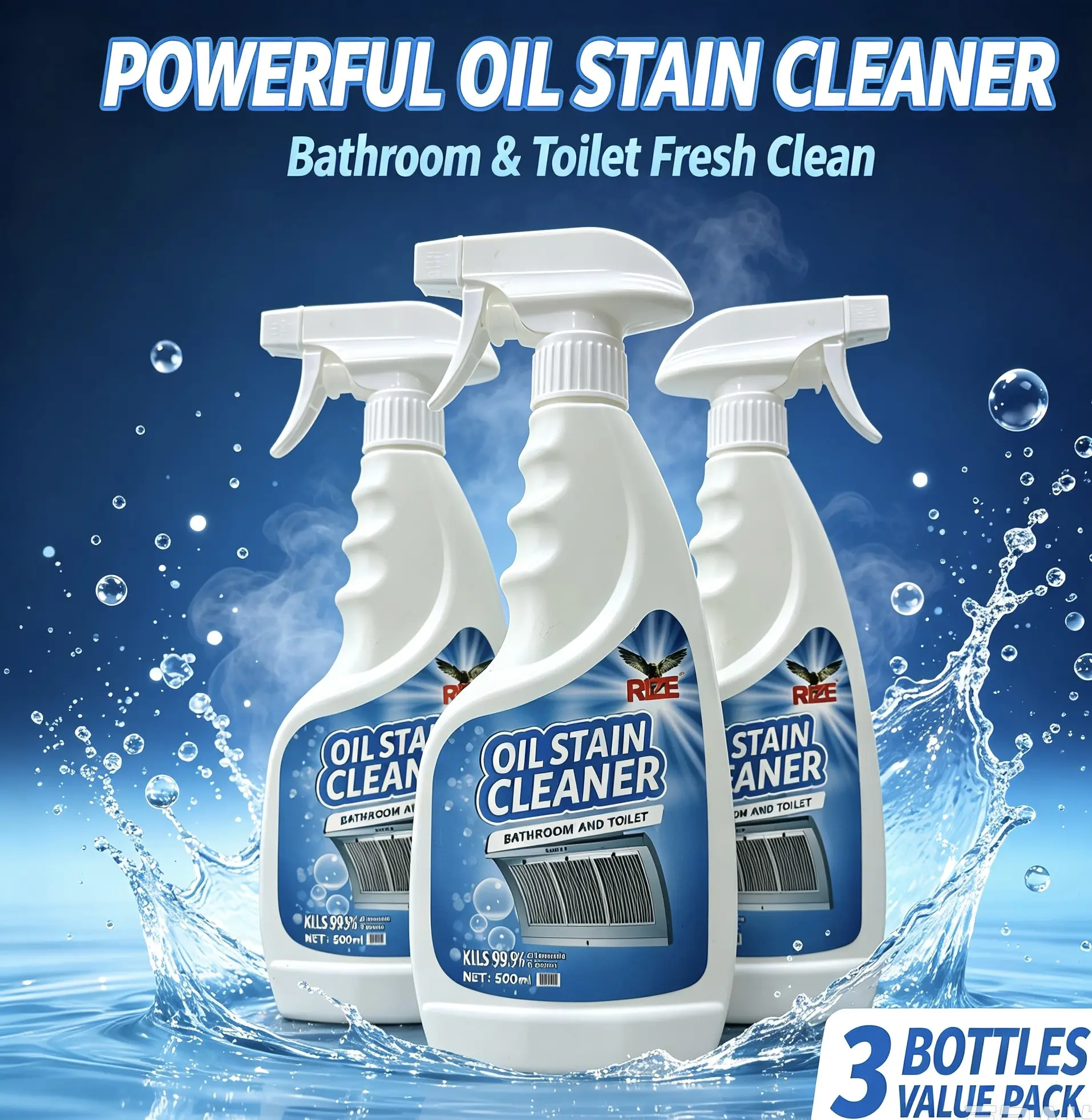RIZE Oil Stain Cleaner Spray 500ml Multi Purpose Kitchen Bathroom Toilet Degreaser Removes Heavy Grease Kills 99.9% Bacteria Household All Surface Cleaning Spray Single Bottle