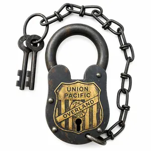 Union Pacific Railroad The Overland Route Working Lock with Keys & Chain – Vintage Style Replica With Antique Distressed Finish, Cast Iron Decorative Padlock with Brass Tag