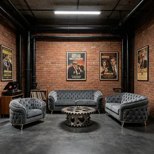 Summervibes Curved U-Shaped Sectional Sofa Set - 3-Piece Grey Microfiber Upholstered Sofas, Cozy Modern Indoor Furniture with Tufted Design, Gold Accents, Multiple Seats for Living Room