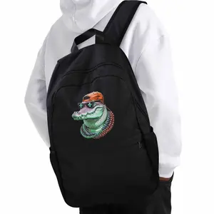 Casual Backpack Featuring a Crocodile Tycoon Print, Designed for Teenagers. It Is Lightweight with a Large Capacity, Adjustable Straps, Made from Black Nylon Fabric, And Has a Easy Cartoon Design. The Upper Part Is Printed