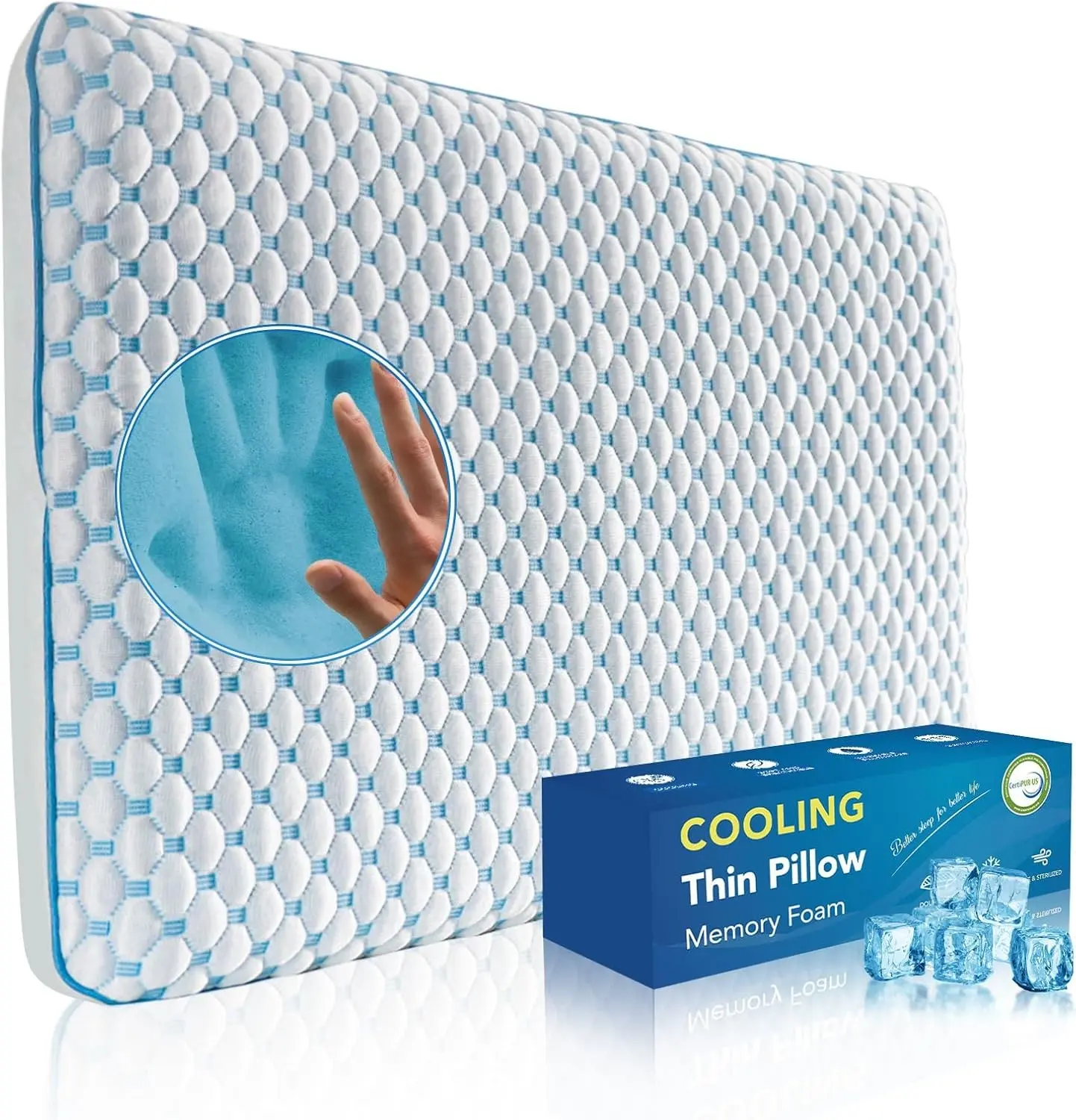 Flat Soft Thin Memory Foam Stomach Sleeping Pillow for Back & Stomach Sleeper, Cooling Ultra Thin 1.75-Inch Pillow for Back Shoulder Neck Pain Relief