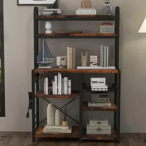 【GARVEE】6-Tier Bakers Rack with Power Outlet, Wire Drawer, and Large Storage - Industrial Microwave Stand and Kitchen Buffet Table with Rustic Brown Finish