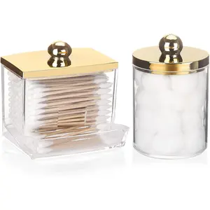 2 Pack Qtips Dispenser - Bathroom Organizers and Storage Containers, Plastic Apothecary Jars with Gold Lids for Cotton Ball Swab Round Pads, Floss