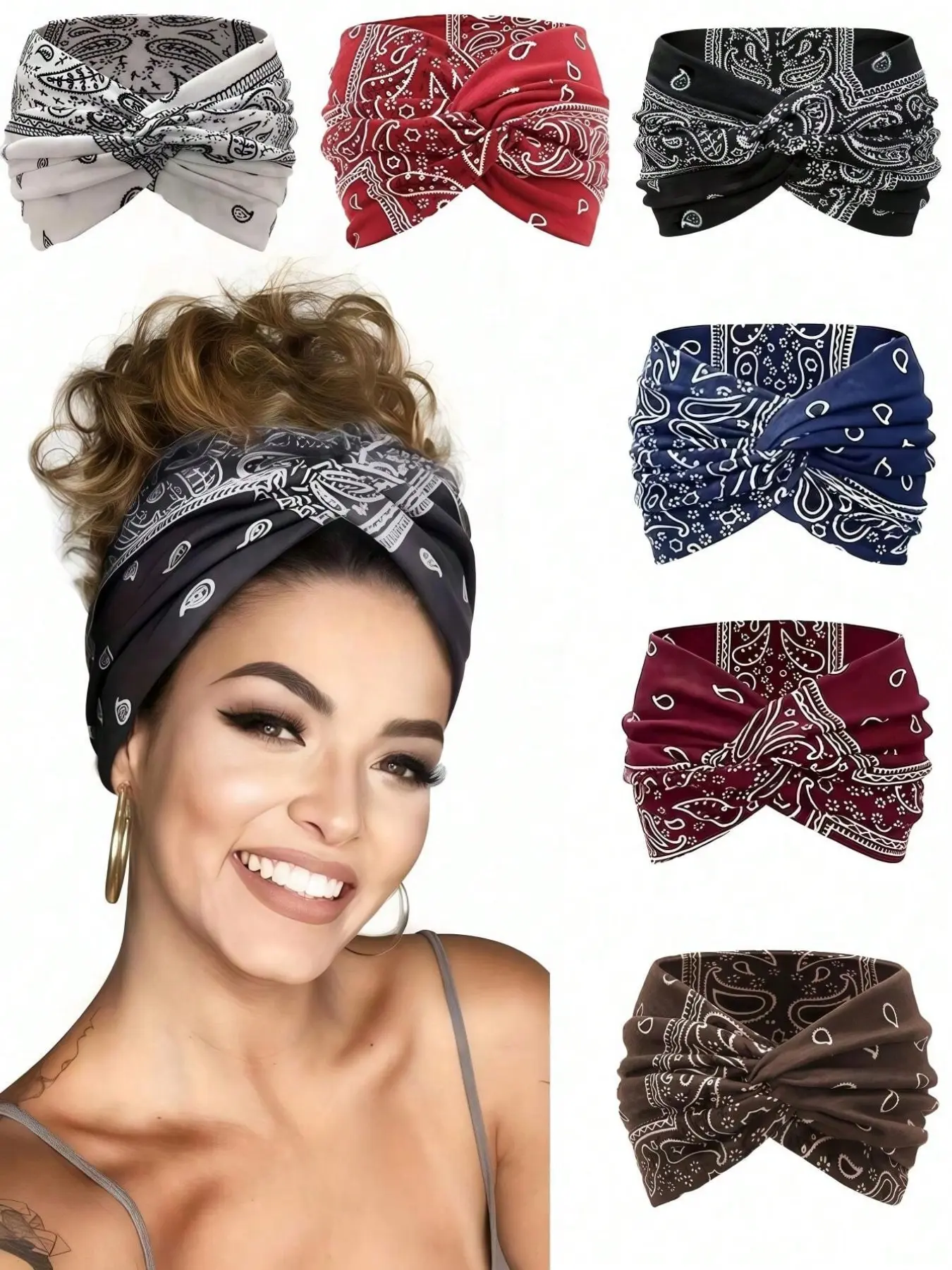 6pcs Plus Size Paisley Pattern Bohemian Women Sports Headband, Elastic Criss-Cross Printed Hairband For Outdoor Activities Women Head Wrap Fashion Hair Accessories Women Hair Band Summer Vacay Boho Accessories Stretchy Headbands Workout Headband