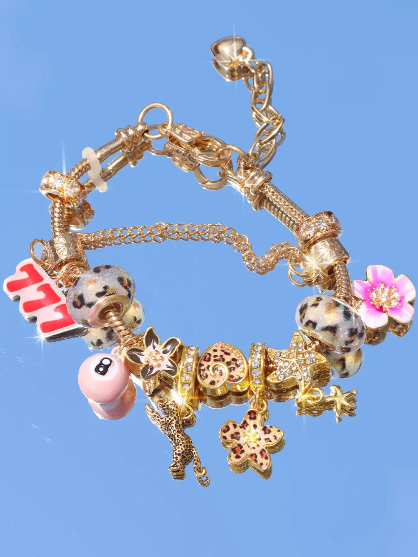 Leopard Print Heart Cherry Blossom Charm Bracelet, DIY Leopard Print Sakura Bracelet, Lucky Number 777 Bracelet, Fashionable Leopard Print Bracelet, Customizable Bracelet, Floral Charm Bracelets, Exquisite Bracelet, Bracelet Jewelry