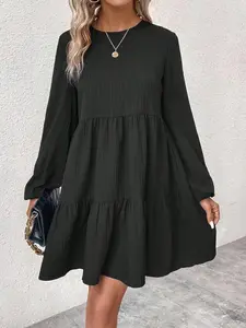 Solid Ruffle Hem Smock Dress Ladies Cute Bishop Sleeve Round Neck Regular Fit Short Navy Blue Plain Smock Women Spring Fall Casual Daily Wear - Fabric