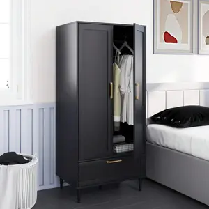 Modern Bedroom Wardrobe With Hanging Rod, Double Doors, 60-Inch Large Capacity Storage Cabinet With Drawers, Perfect For Home