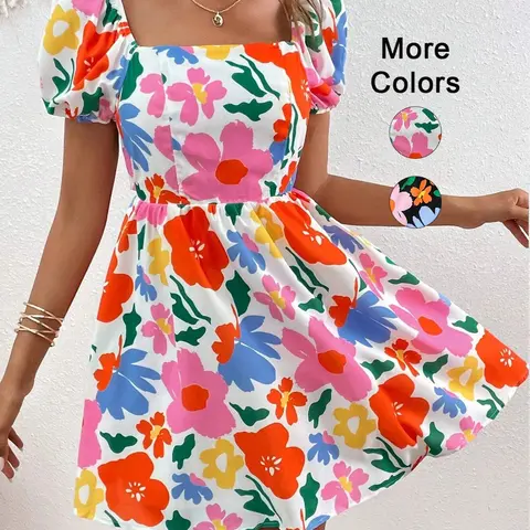 Women's Floral Print Bow Back Cut Out A Line Dress, Boho Bohemian Fashion Puff Sleeve Square Neck Short Dress for Daily Holiday Vacation Wear, Ladies Dress for Summer, Casual Wear, Casual Boho Chic, Floral Prints Dress