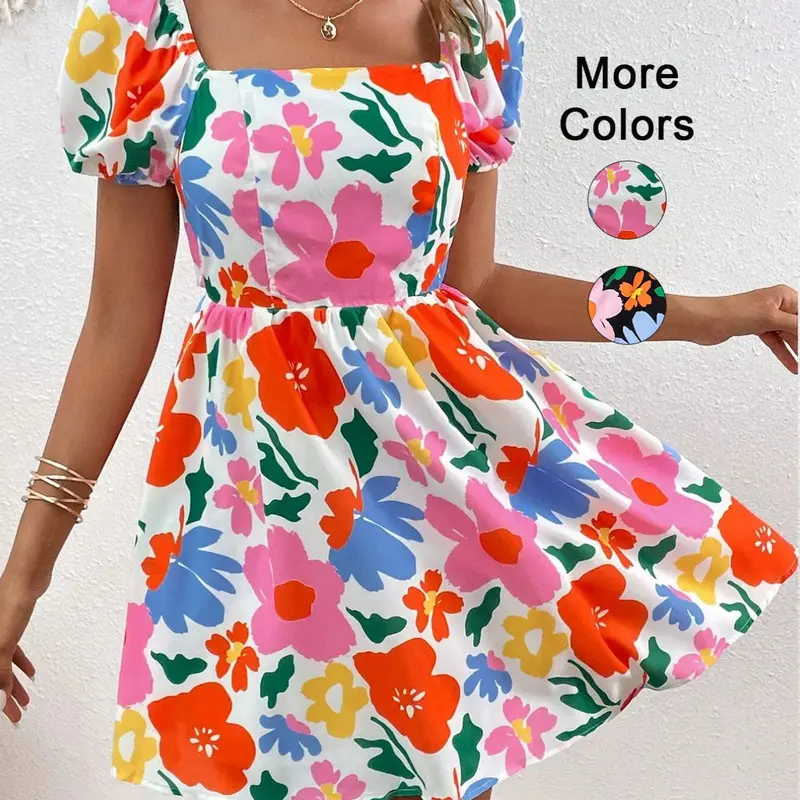 Women's Floral Print Bow Back Cut Out A Line Dress, Boho Bohemian Fashion Puff Sleeve Square Neck Short Dress for Daily Holiday Vacation Wear, Ladies Dress for Summer, Casual Wear, Casual Boho Chic, Floral Prints Dress