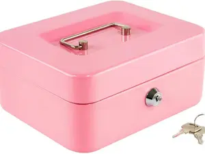 Medium Cash Box with Money Tray,Small Safe Lock Box with Key, Drawer,7.87"x 6.30"x 3.54" Pink